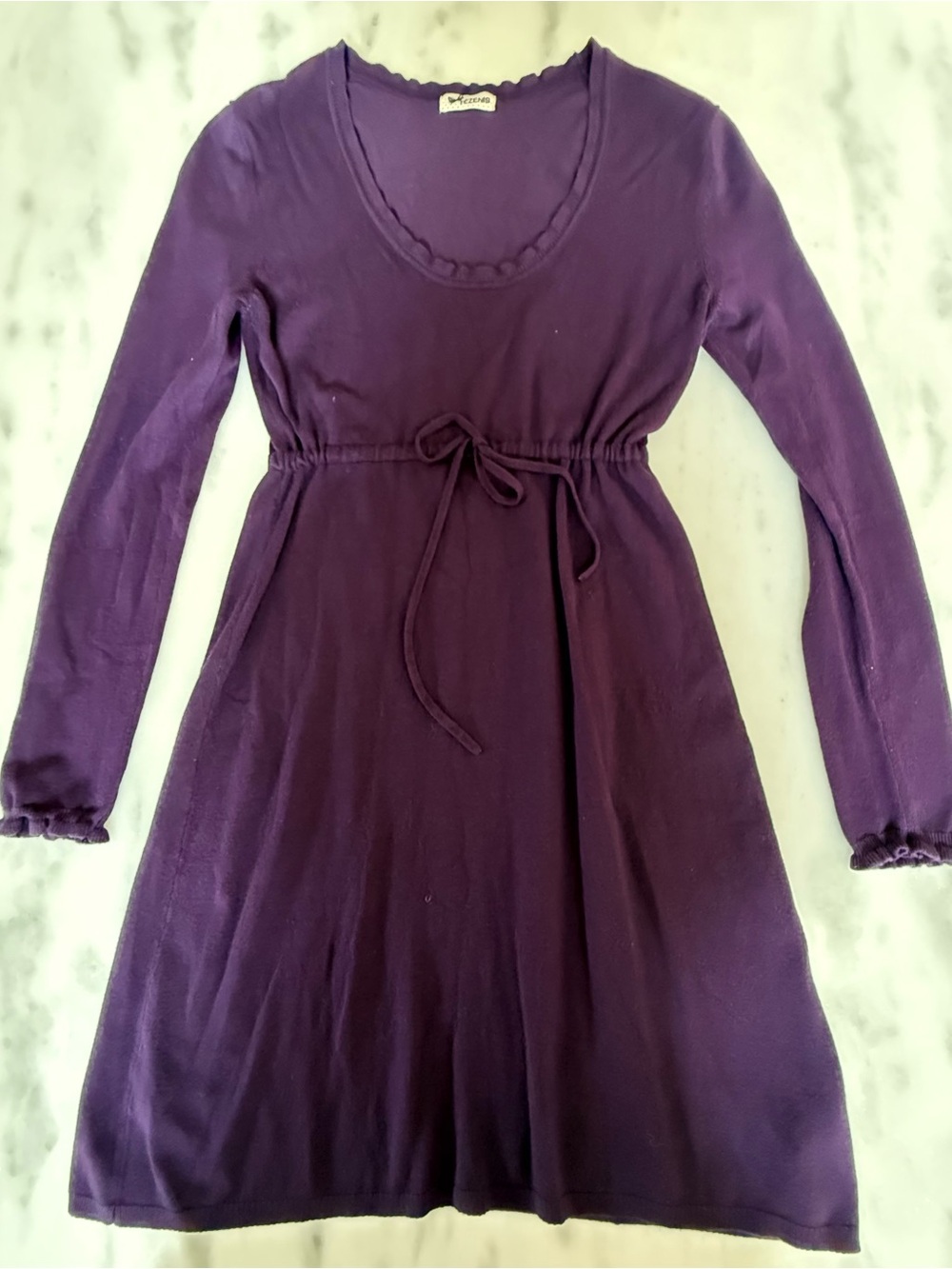 Women's Long Sleeve Scoop Neck Tie-Waist Casual Dress - Purple